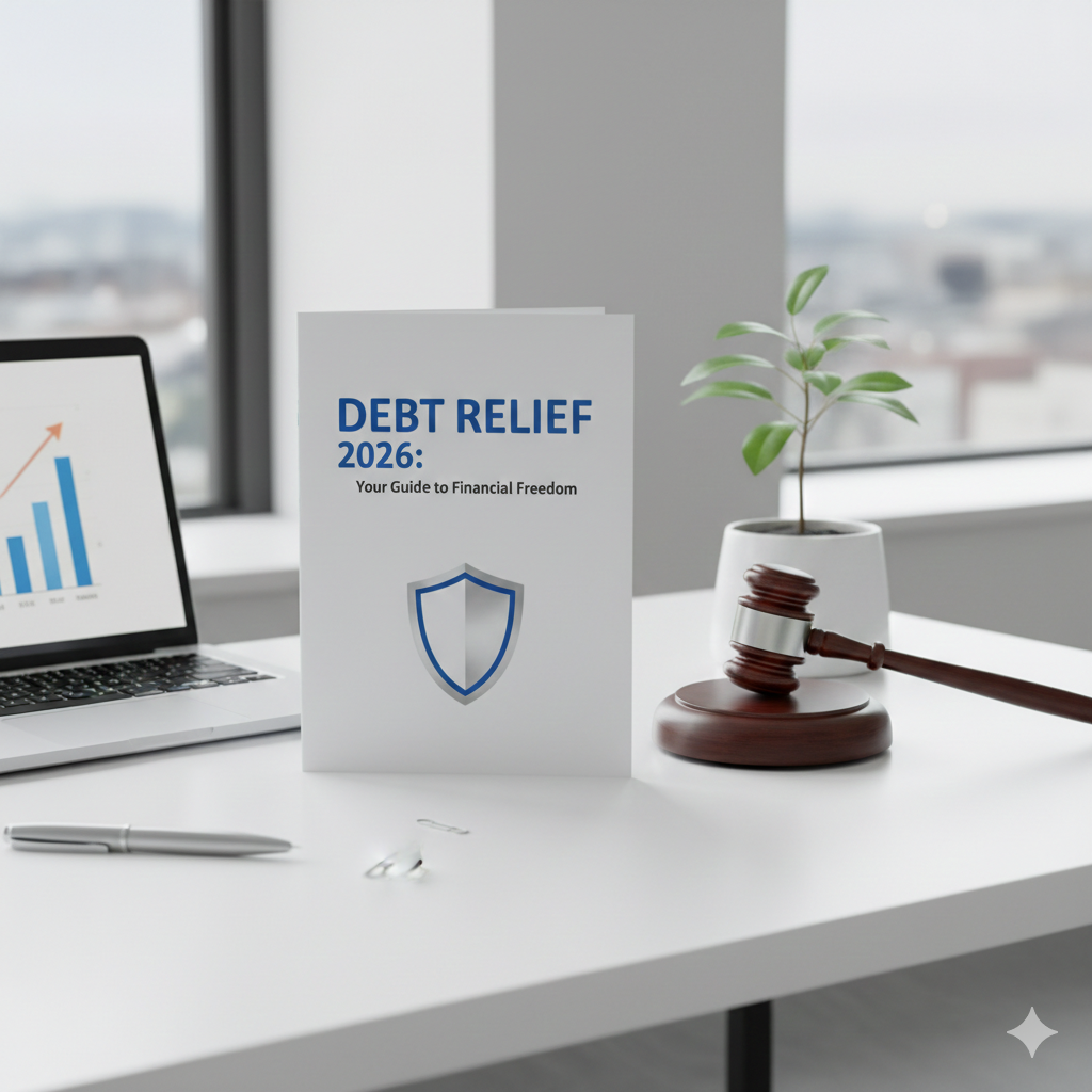 A professional desk setup showing a 2026 debt relief guide and a gavel, symbolizing new federal consumer protections.