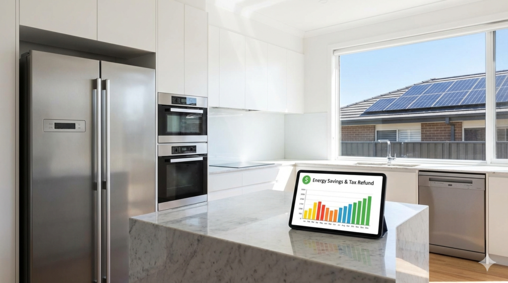 A modern kitchen featuring energy-efficient appliances and a tablet displaying tax refund data for home upgrades.