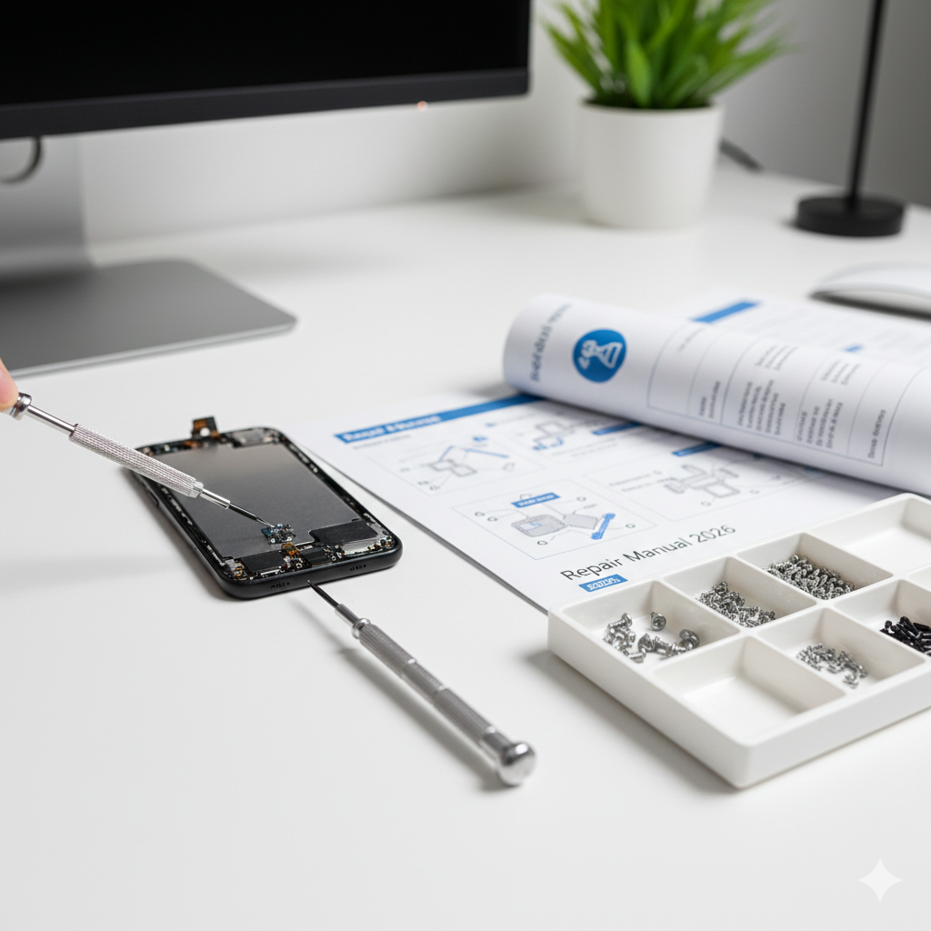 A person repairing a smartphone using official manuals and tools provided under the 2026 Right to Repair laws.