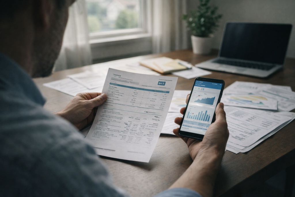 News-style illustration depicting credit score review and financial decision-making in the United States News-style illustration depicting credit score review and financial decision-making in the United States