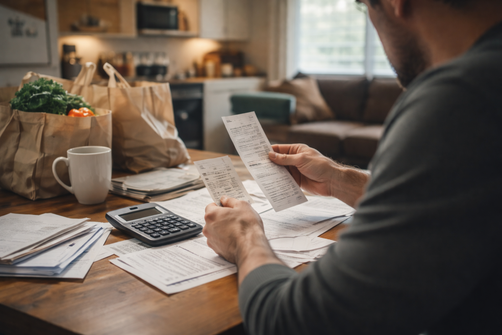 American family reviewing monthly household expenses at home