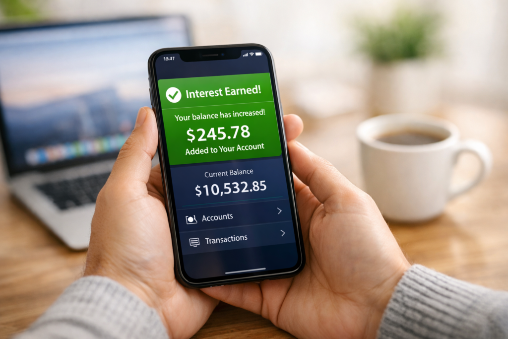 A person checking their high-yield savings account on a smartphone, showing earned interest and a growing financial balance.
