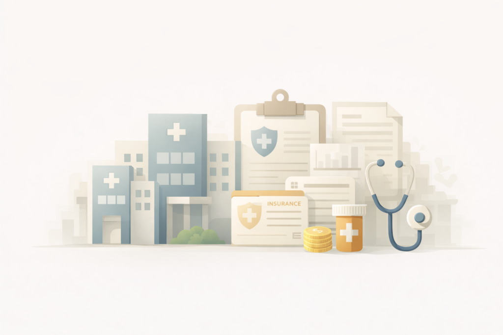 Educational illustration showing the structure of the U.S. healthcare system