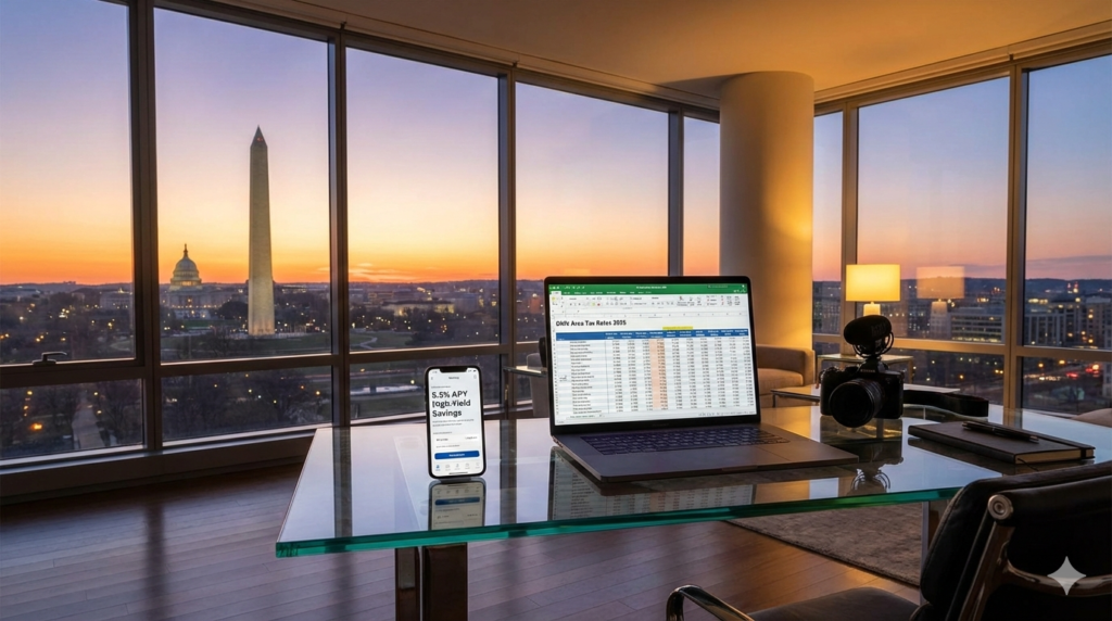 A digital banking app showing high-yield savings rates with the Washington D.C. skyline in the background.