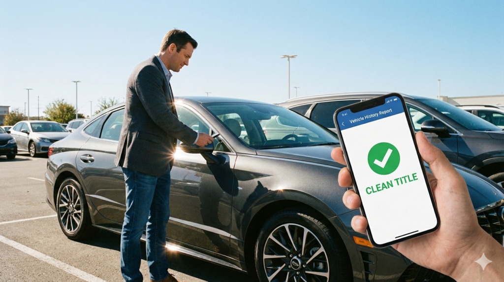 A buyer checking a vehicle's history report on a smartphone while inspecting a used car at a dealership.