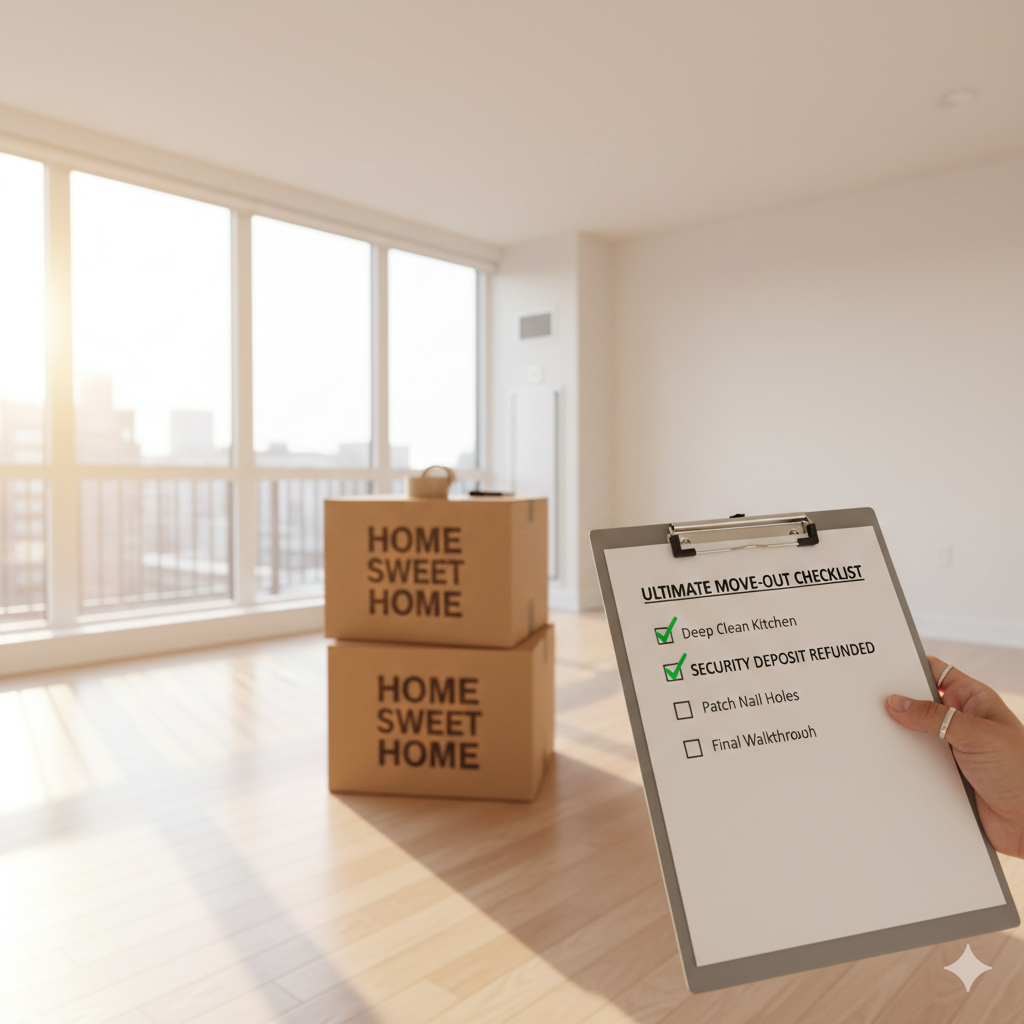 A clean, empty apartment with moving boxes and a checklist showing a successful security deposit refund.