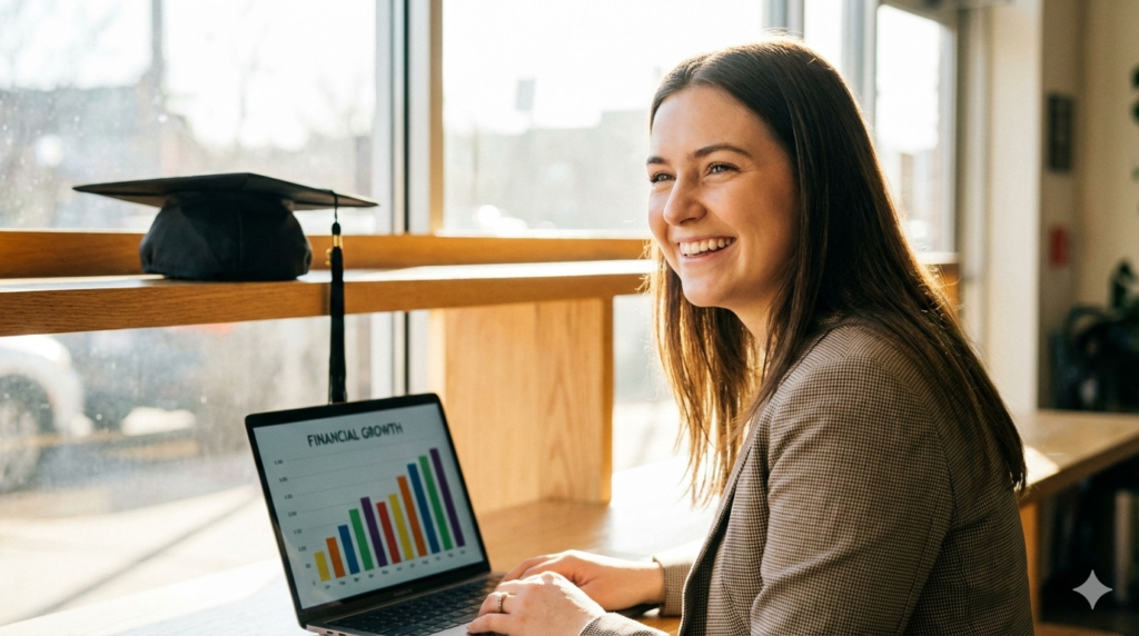 A young professional successfully managing their finances and student loan repayments on a laptop in a modern office setting.