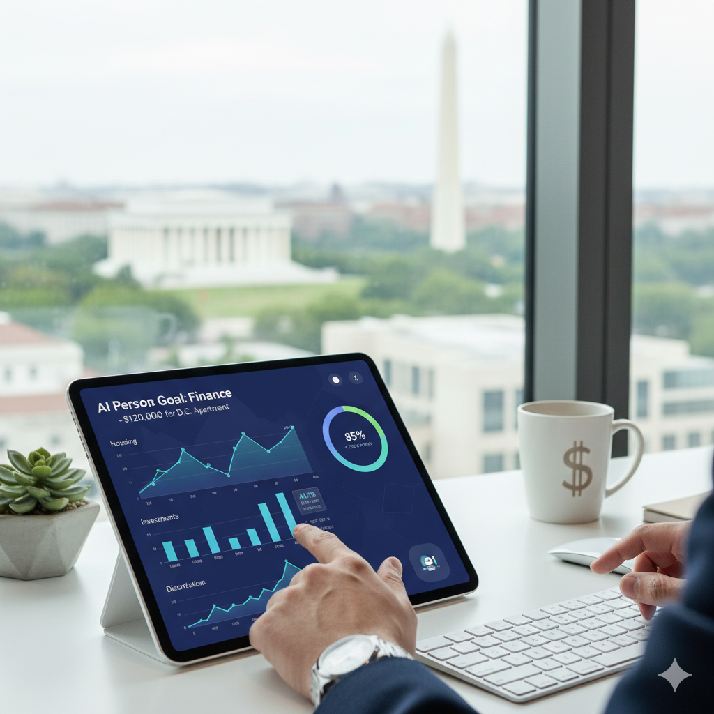 A professional interacting with an AI personal finance dashboard on a tablet in a modern D.C. home office, showcasing smart budgeting and investment tools for 2026.