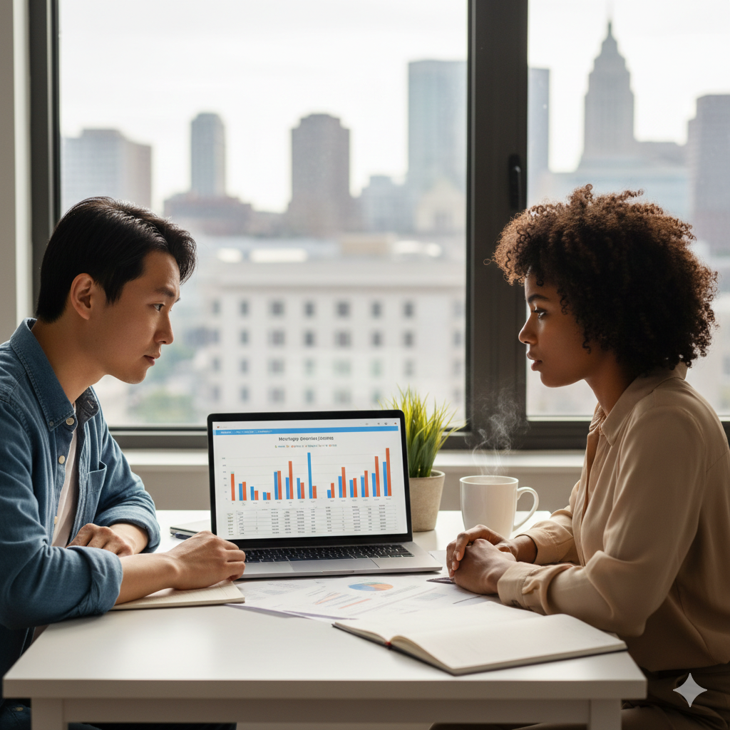 A couple in D.C. reviewing a mortgage refinance comparison chart on a laptop, deciding whether to lock in rates now or wait in 2026.