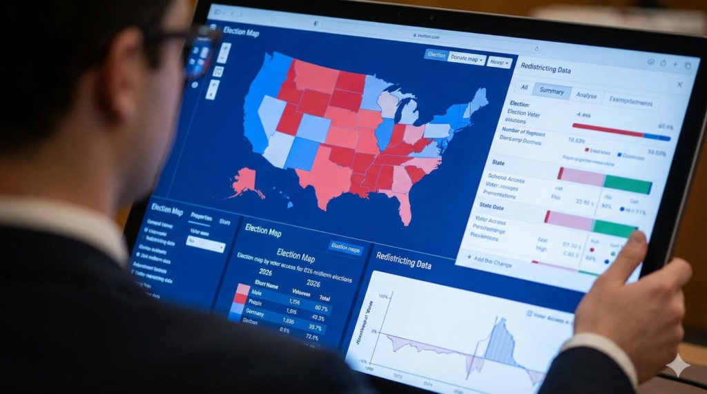 US election map and detailed redistricting data analysis charts for the 2026 midterms, focusing on voter access statistics.