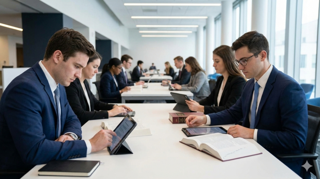 law students in professional attire intently researching US election laws and Americans’ right to vote using constitutional law books and digital tablets.