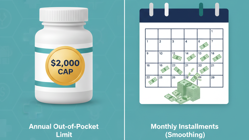 Infographic illustrating the $2,000 out-of-pocket prescription drug cap and monthly payment options for 2026.