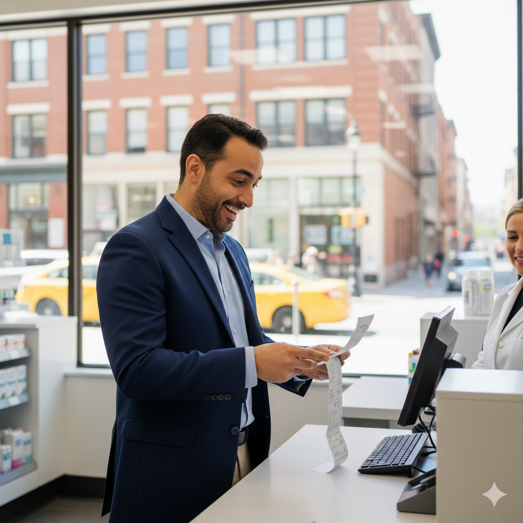 dc-father-2026-healthcare-drug-cap1 Iranian-American father in D.C. checking his prescription savings under the 2026 healthcare law.