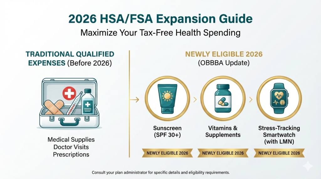 Infographic showing expanded 2026 HSA and FSA eligible expenses for families.