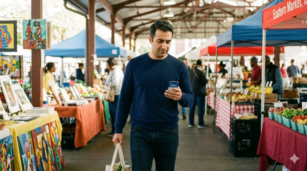using his HSA app at Eastern Market in Washington D.C.