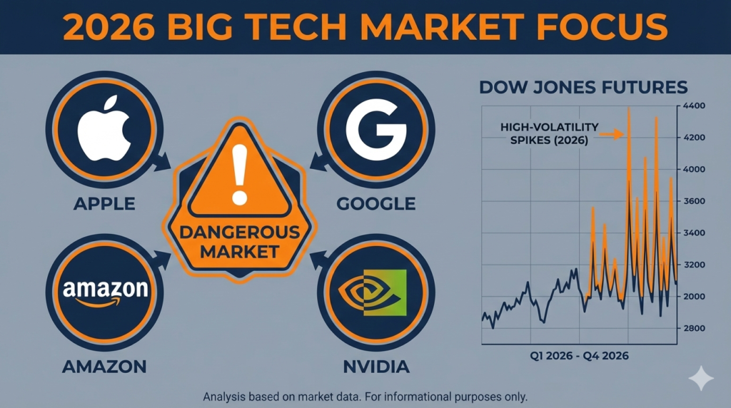 Infographic showcasing the Dow Jones futures analysis 2026 and the "Big Four" tech stocks in focus.