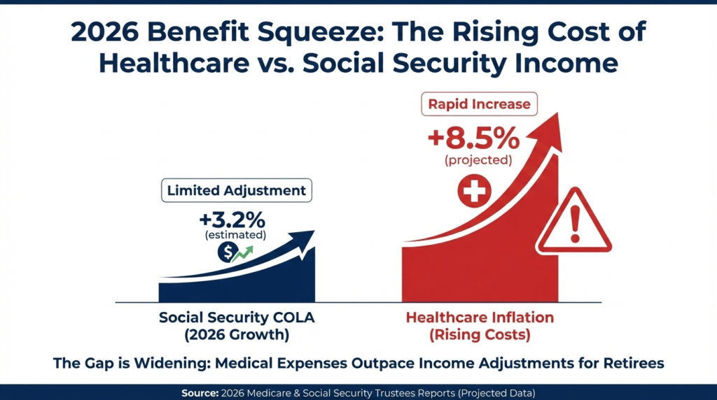 Infographic illustrating how healthcare costs Social Security 2026 trends outpace annual COLA adjustments.