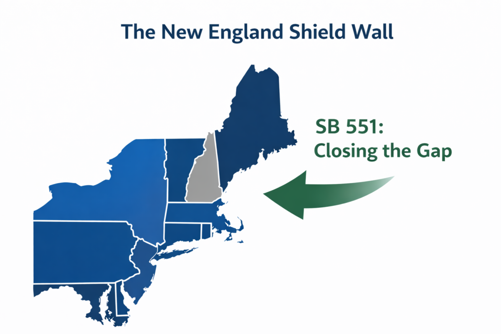 Infographic illustrating the legal status of the New Hampshire reproductive health shield law 2026 within New England.
