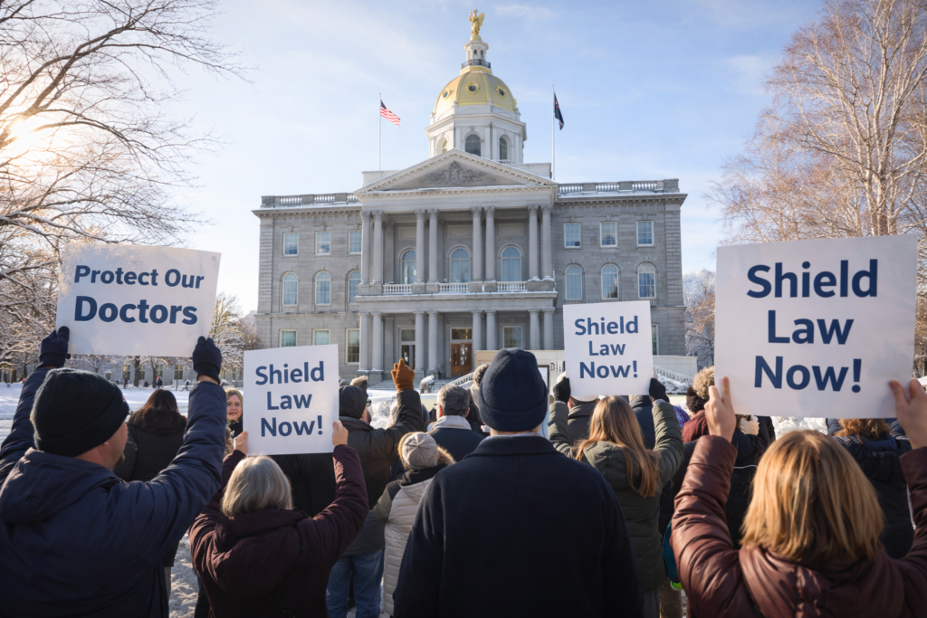 Supporters of the New Hampshire reproductive health shield law 2026 at the State House.