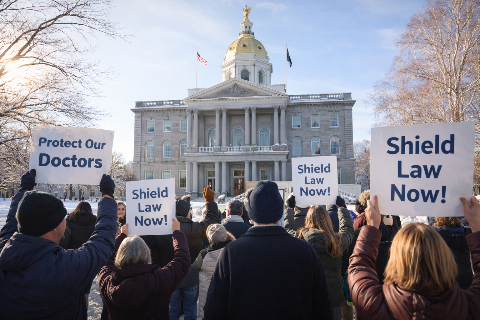 Supporters of the New Hampshire reproductive health shield law 2026 at the State House.