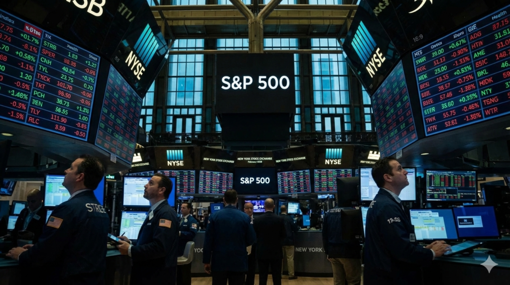 stock market in February 2026 showing the S&P 500 index under pressure from tech sector volatility.