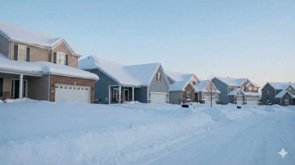 US winter storm impact 2026 heavy snow on suburban houses and frozen pipes prevention