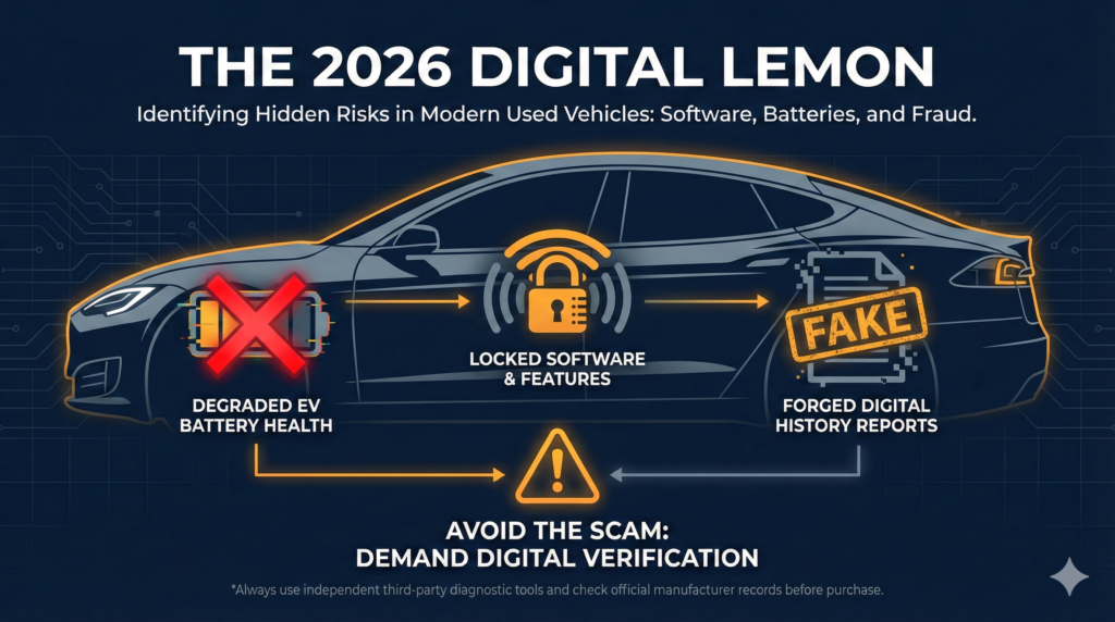 Infographic checklist detailing the used car buying guide 2026 for avoiding digital lemons and battery scams.
